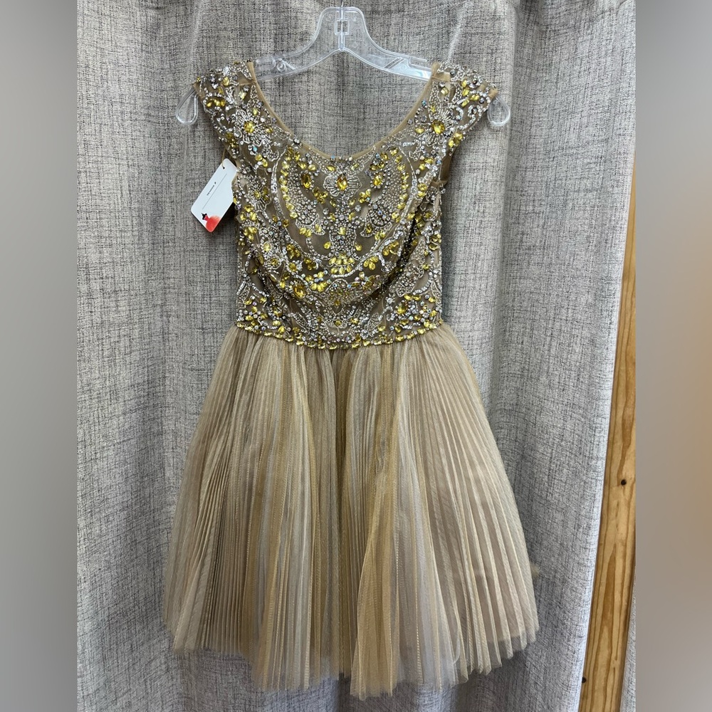 SHERRI HILL Embellished Gold and Tan dress